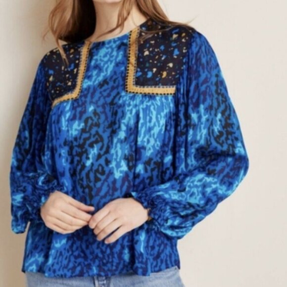 Anthropologie Bl^nk Miranda Eclectic Blue Animal Print Peasant Blouse Size M - Picture 1 of 9
